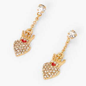 Gold Crystal Heart Crown Drop Earrings,