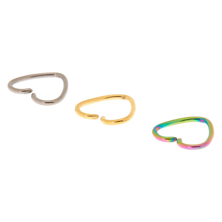 Titanium 16G Mixed Anodized Heart Cartilage Hoop Earrings - 3 Pack