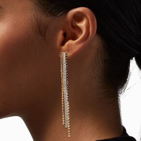 Gold Cubic Zirconia Dainty Strands 3.5&quot; Linear Drop Earrings,
