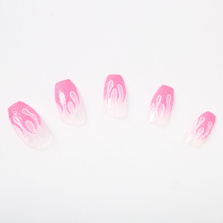 Glow In The Dark Flame Coffin Faux Nail Set - Pink, 24 Pack,