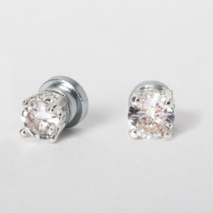 Silver Cubic Zirconia Round Magnetic Earrings - 3MM,