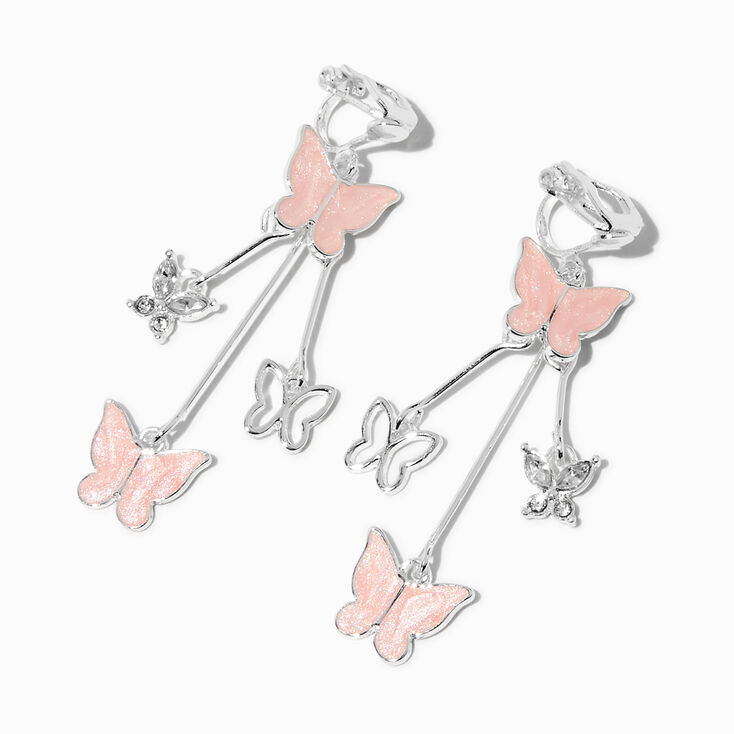 Pink Butterfly Silver-tone Clip-On Drop Earrings,