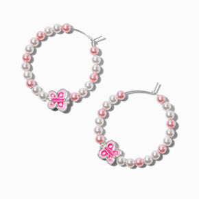 Pink &amp; White Beaded Butterfly Hoop Earrings,