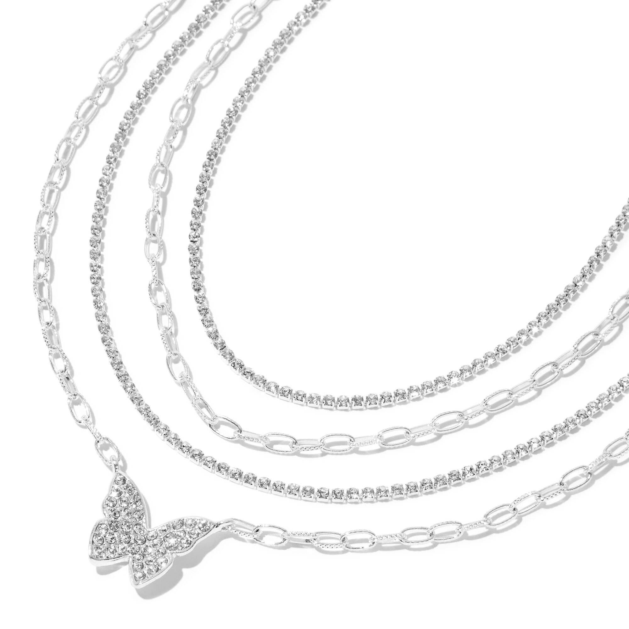 Silver Butterfly Crystal Multi Strand Necklace,