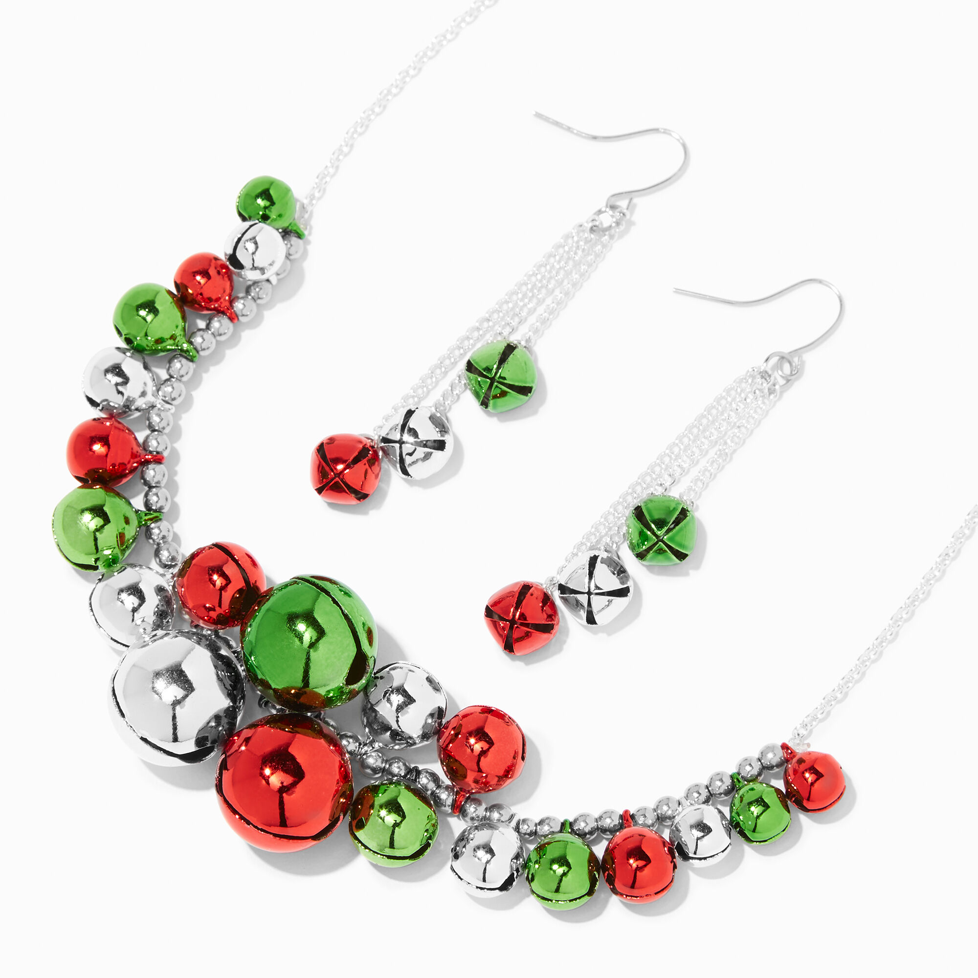 View Claires Jingle Bells Statement Necklace Drop Earrings Set Silver information