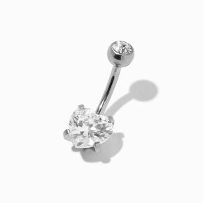 Silver Titanium 14G Heart Crystal Belly Bar,