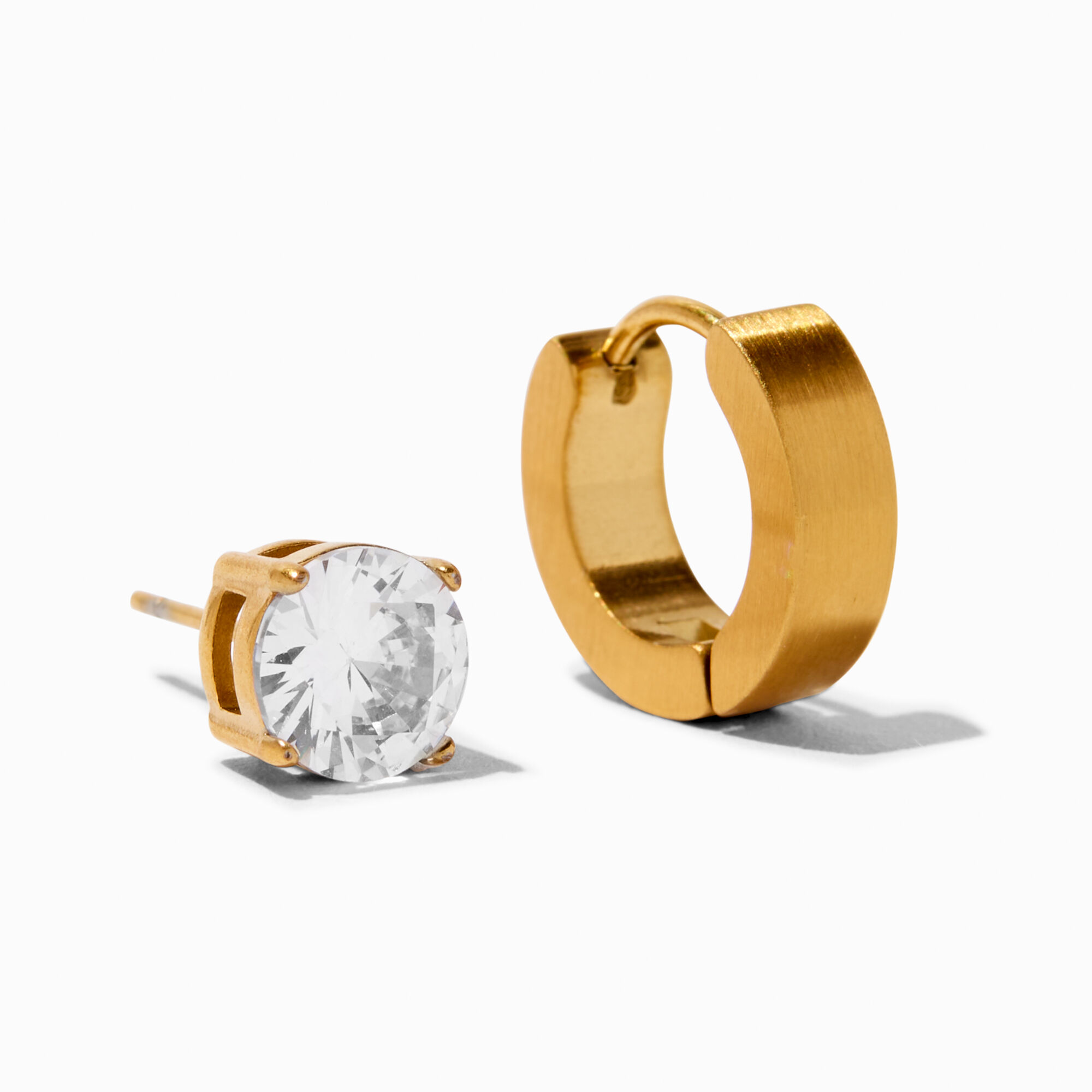 Gold tone Stainless Steel Huggie Hoop 7MM Cubic Zirconia Stud
