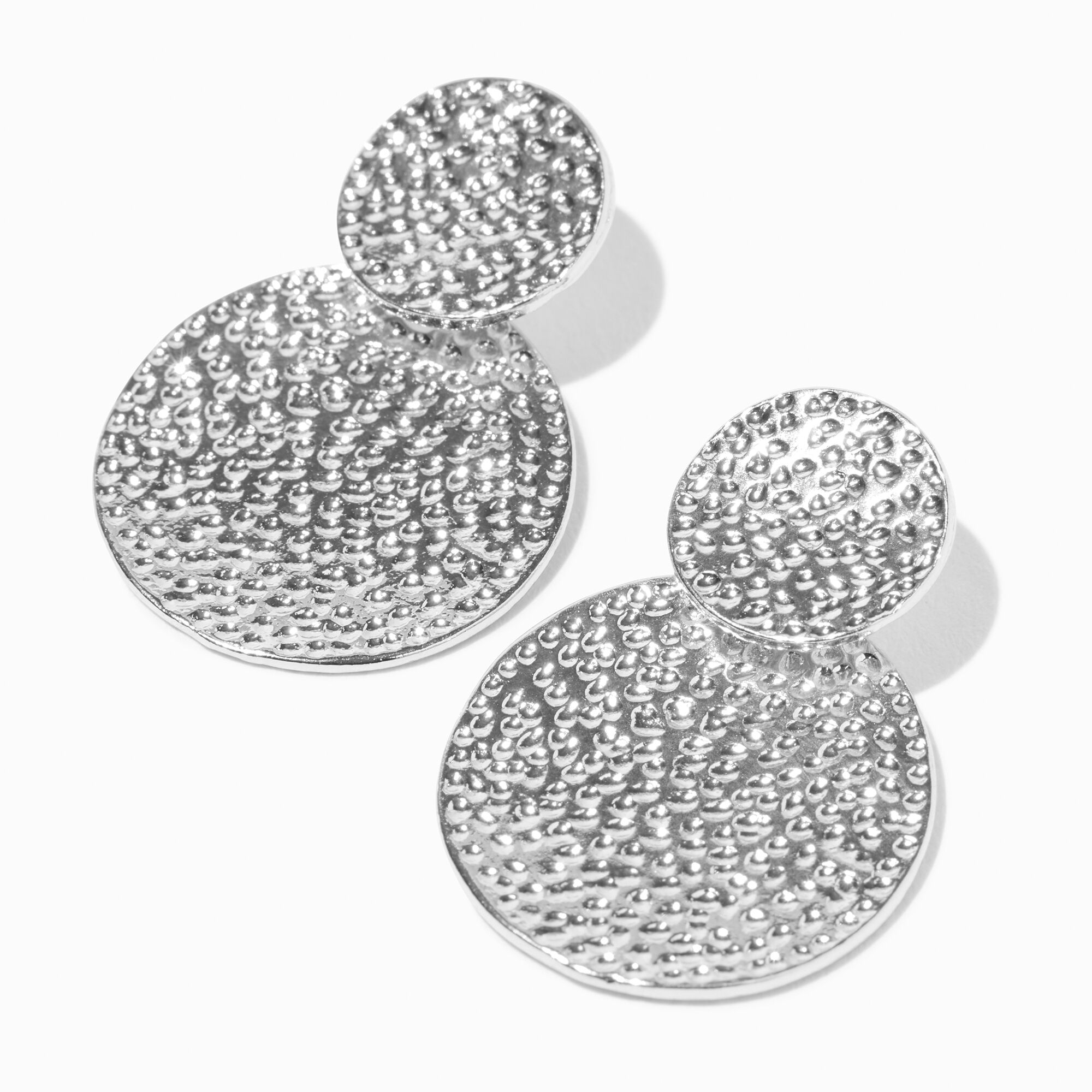 View Claires Tone Textured Double Disc 2 Drop Earrings Silver information