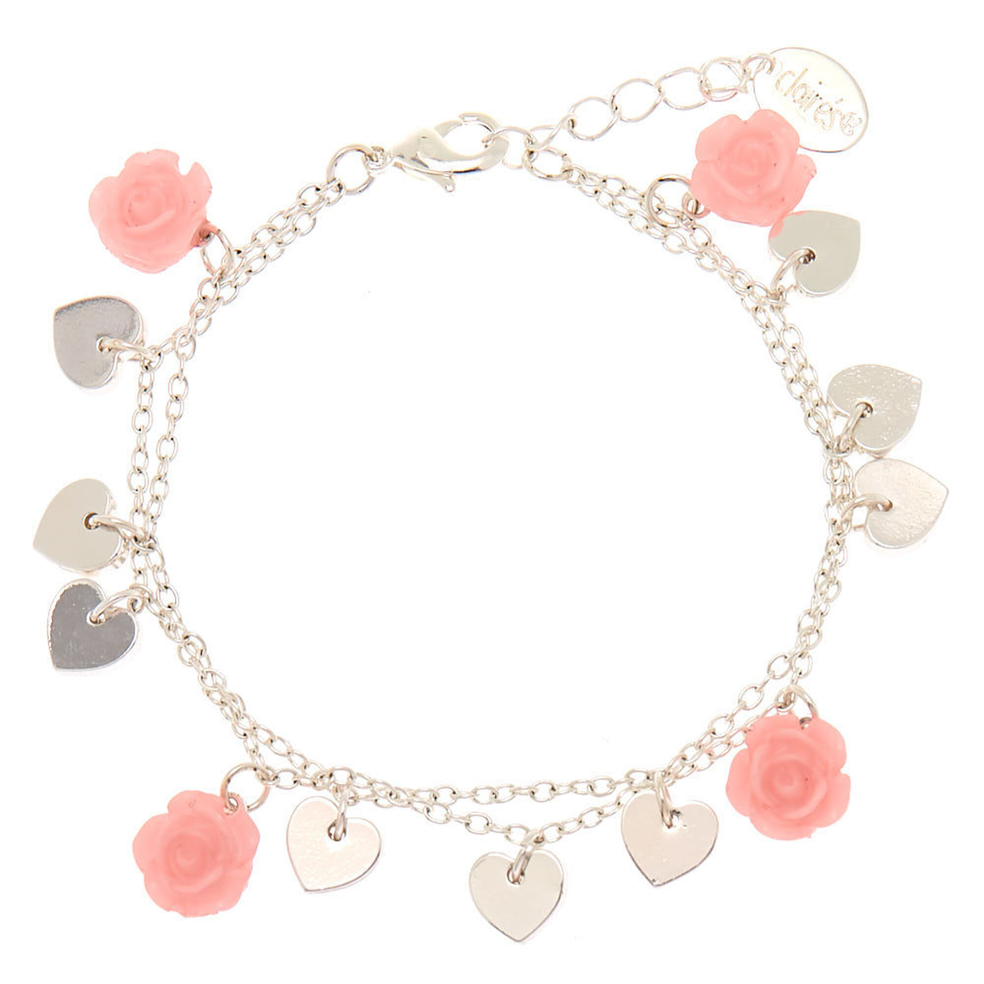 Silver Rose Heart Charm Bracelet - Pink
