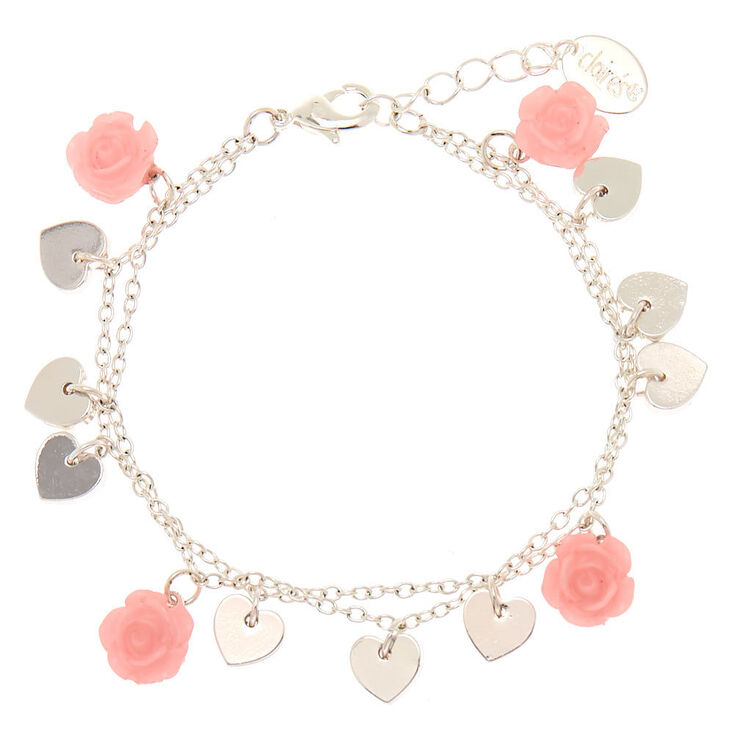 Silver-tone Rose Heart Charm Bracelet - Pink,