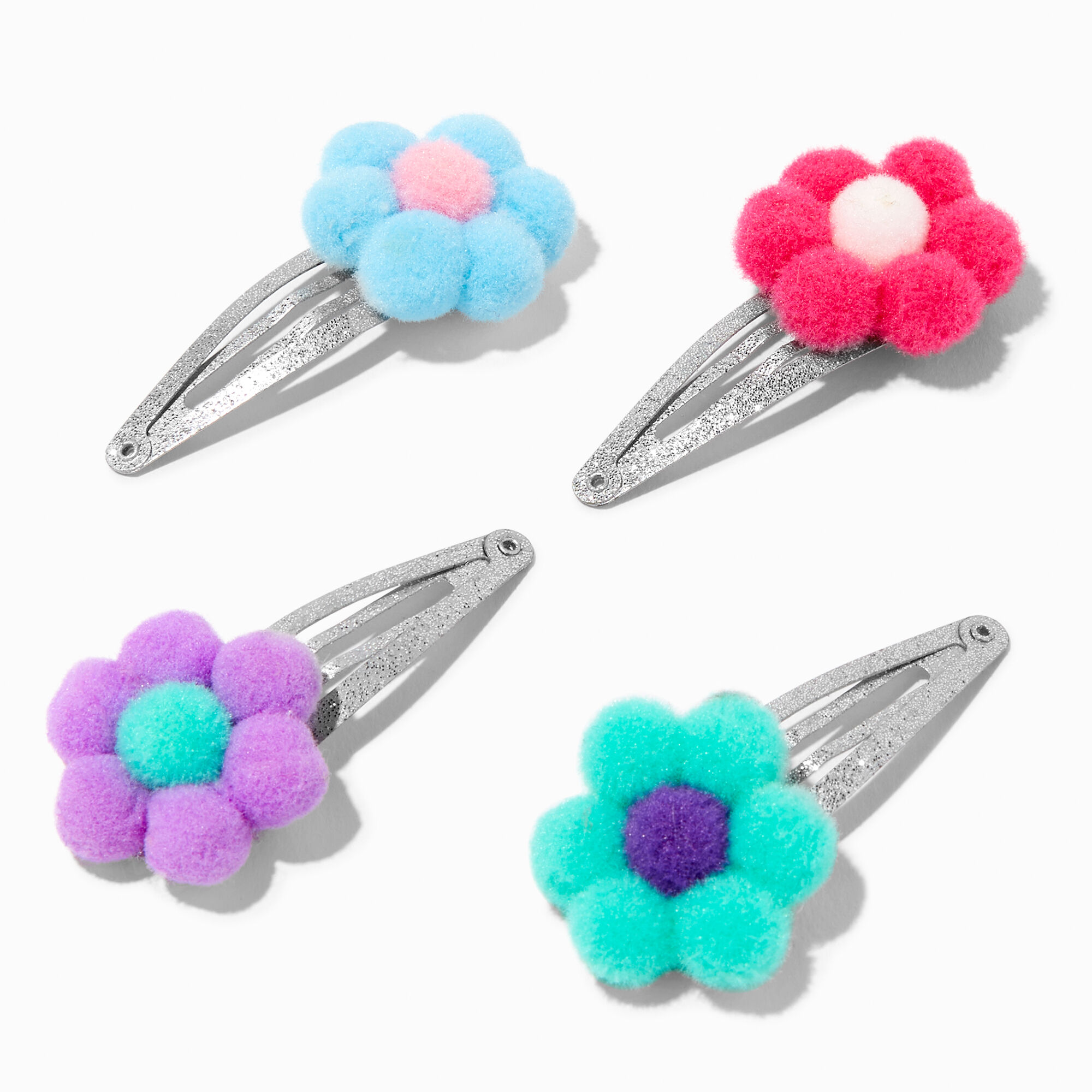 View Claires Pastel Pom Daisy Snap Hair Clips 4 Pack Silver information