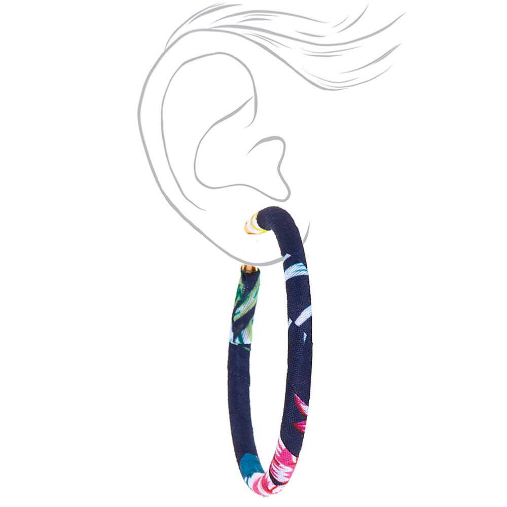 50MM Fabric Wrapped Floral Hoop Earrings - Navy,