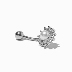 Silver-tone Stainless Steel Cubic Zirconia Flower Pearl 14G Belly Bar,