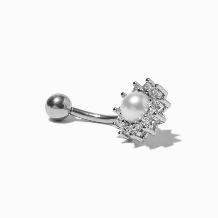 Silver-tone Stainless Steel Cubic Zirconia Flower Pearl 14G Belly Bar,