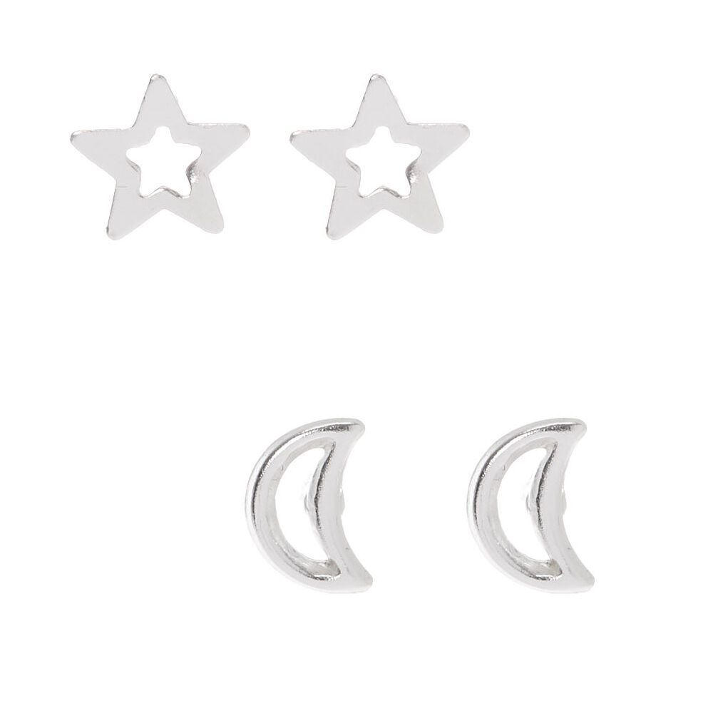 Clous d’oreilles étoile et lune ajourées couleur argentée - Lot de 2,