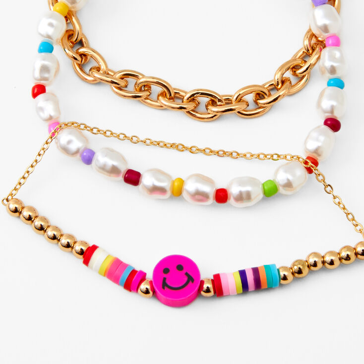 Gold Beaded Happy Face Bracelet Set - 3 Pack,