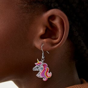 Silver-tone Glitter Unicorn 1&quot; Drop Earrings,