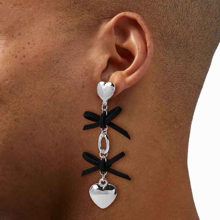 Silver-tone Puffy Heart Black Bow Linear Drop Earrings,