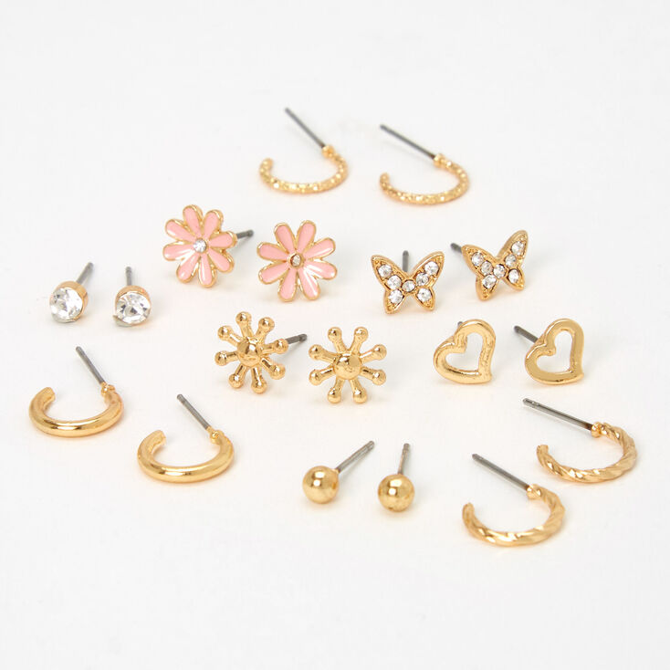 Gold-tone Daisies Mixed Earrings Set - 9 Pack,