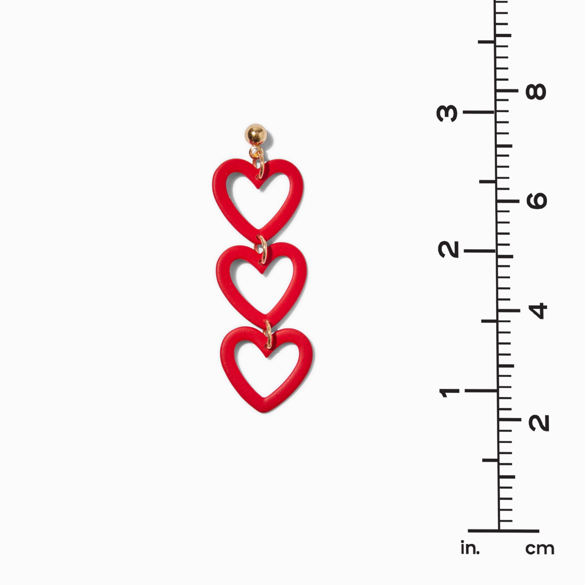 Red Triple Heart 2" Linear Drop Earrings,