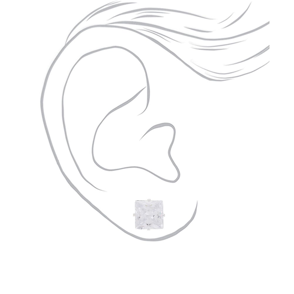 Silver-tone Cubic Zirconia 10mm Square Stud Earrings,