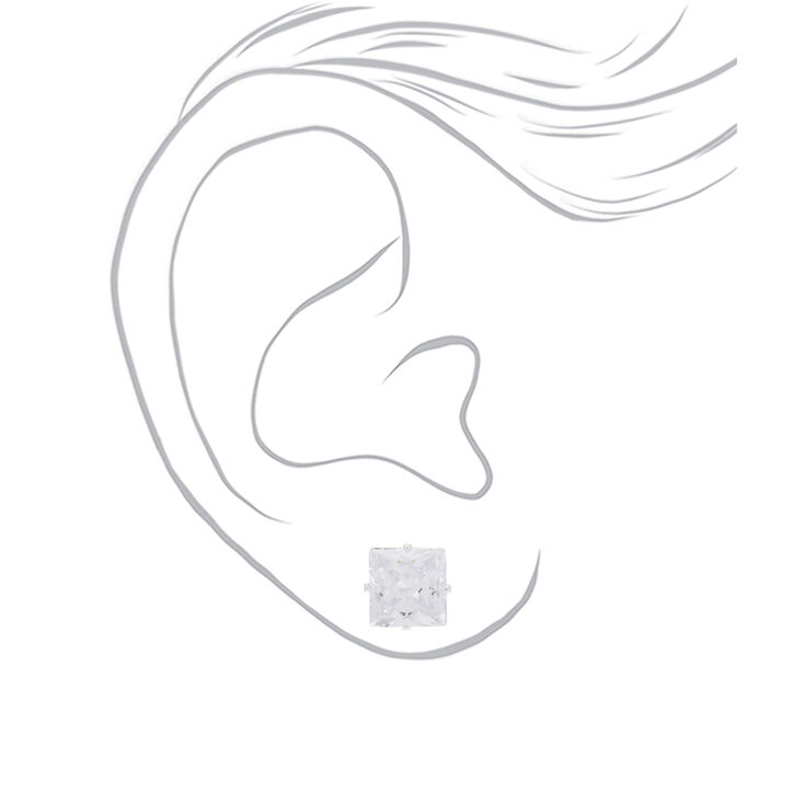 Silver-tone Cubic Zirconia 10mm Square Stud Earrings,