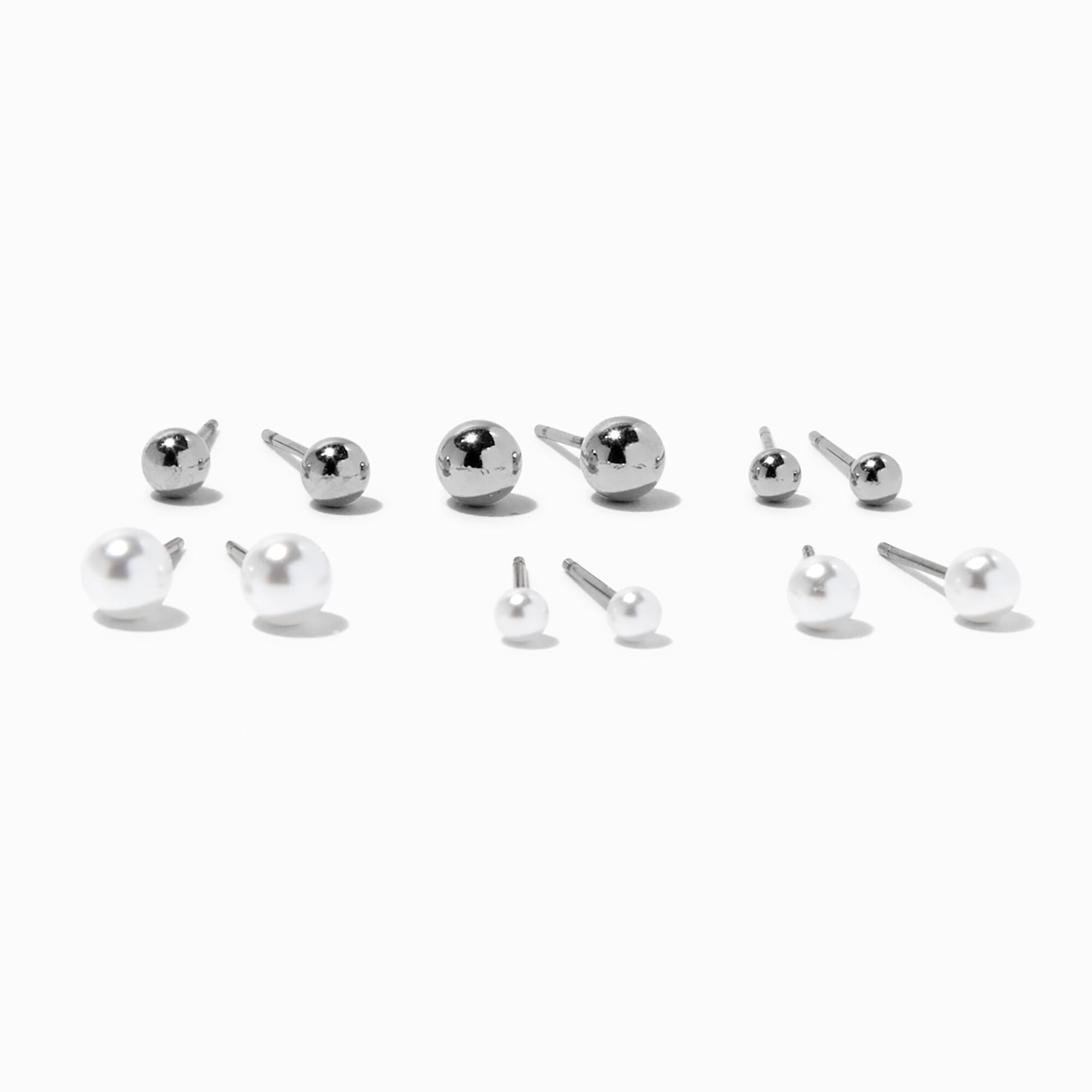 Silver Graduated Ball & Pearl Earrings Set - 6 Pack,