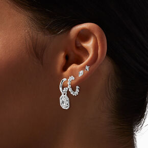 Silver-tone Pearl Crystal Earring Stackables Set - 6 Pack,
