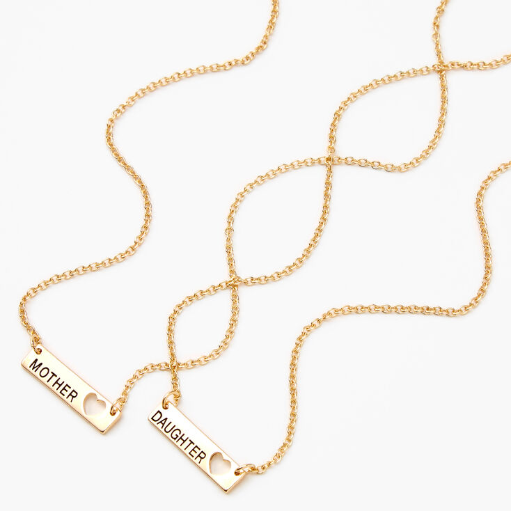 Mother Daughter Gold Bar with Heart Cut Out Pendant Necklaces,