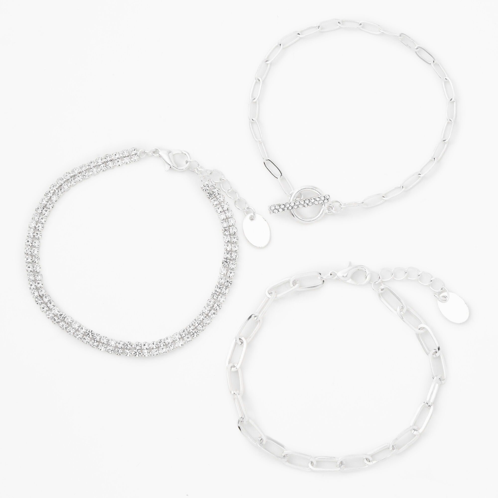 Silver-tone Crystal Toggle & Chain Bracelets - 3 Pack,