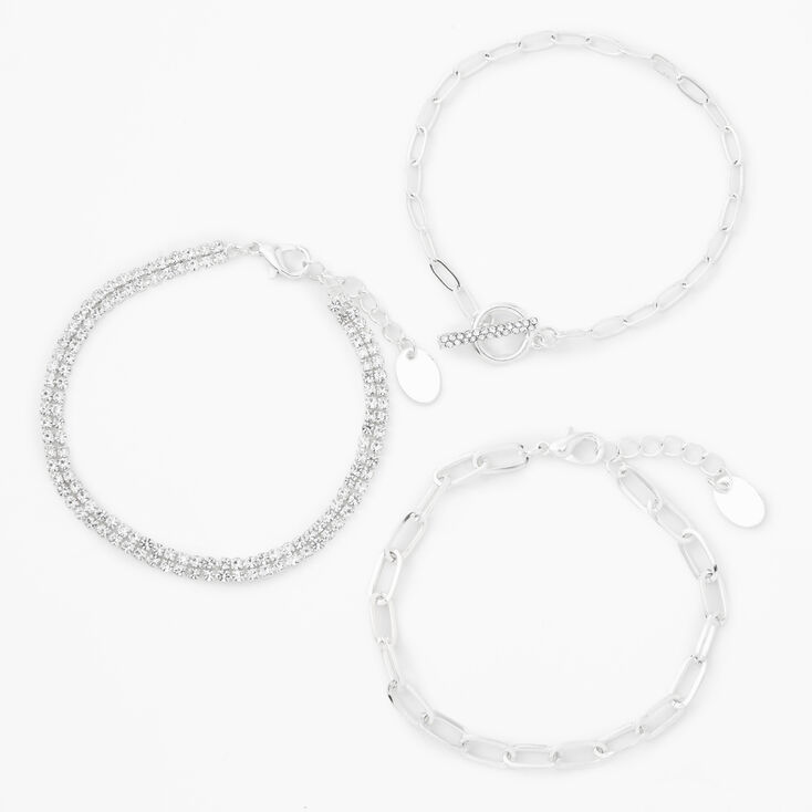 Silver Crystal Toggle &amp; Chain Bracelets - 3 Pack,