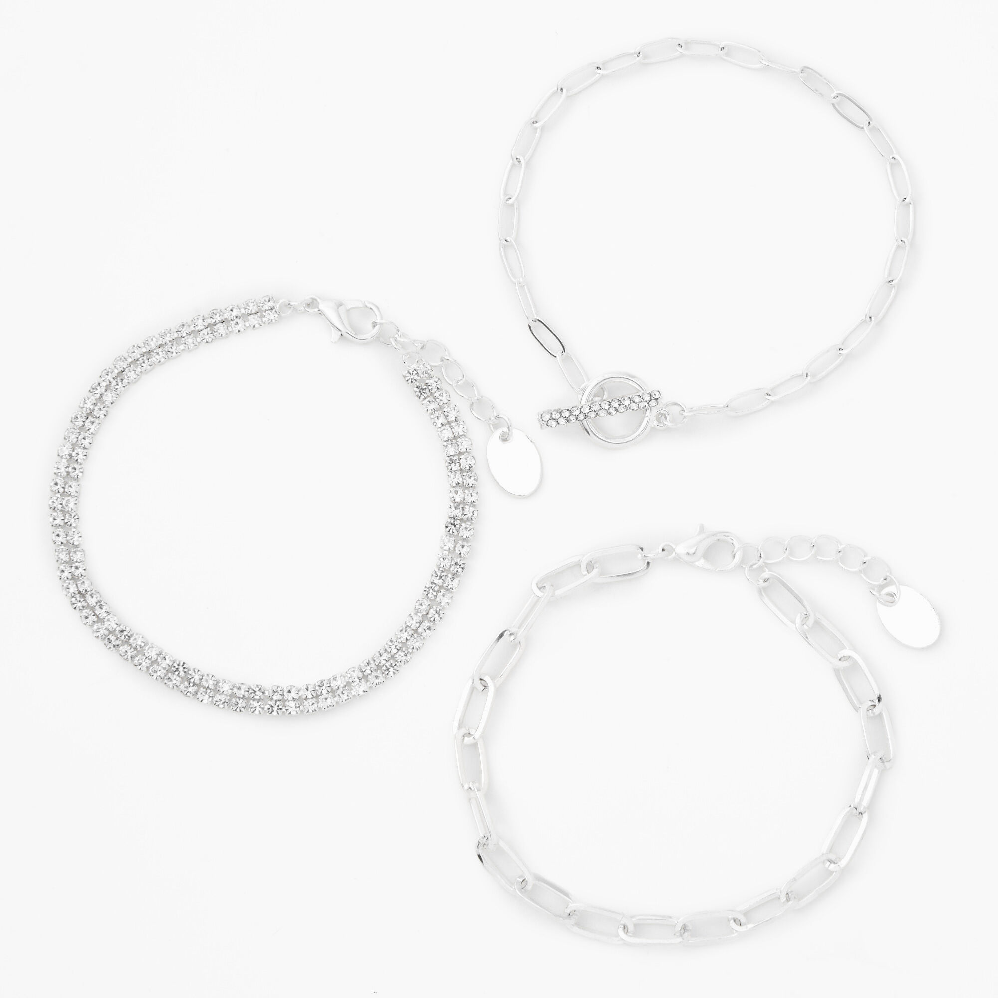 View Claires Tone Crystal Toggle Chain Bracelets 3 Pack Silver information