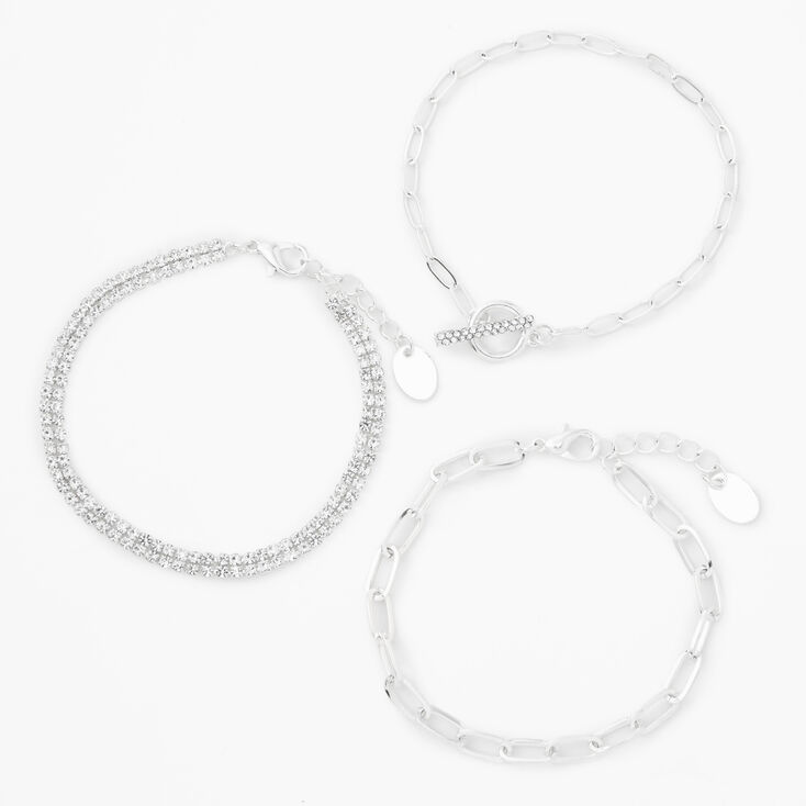 Silver-tone Crystal Toggle &amp; Chain Bracelets - 3 Pack,