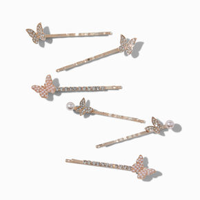 Rose Gold-tone Butterfly Rhinestone Pearl Hair Pins - 6 Pack,