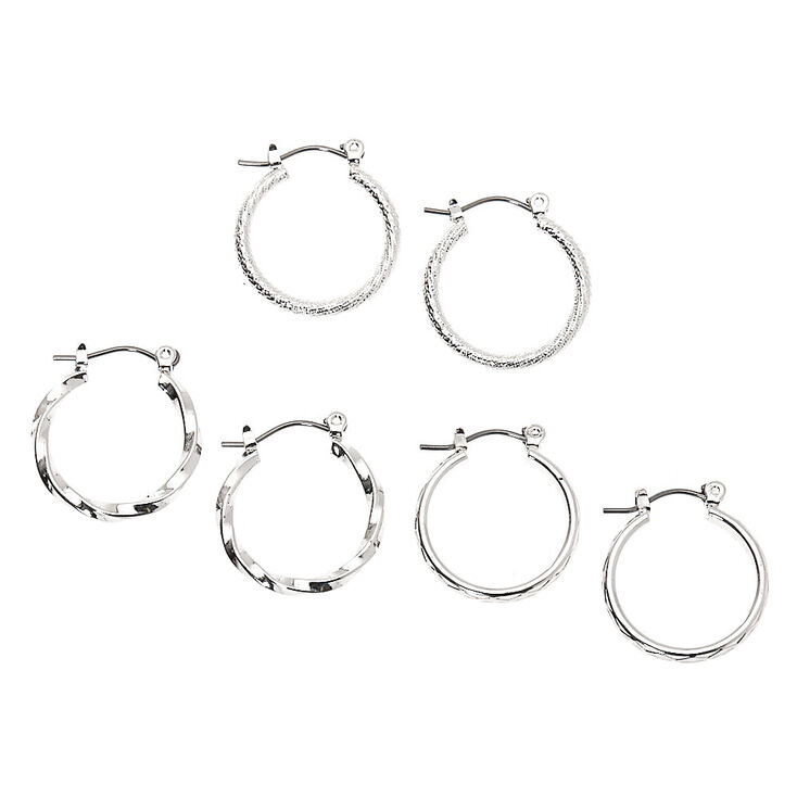 Silver-tone Thick Textured 20mm Hoop Earrings - 3 Pack,