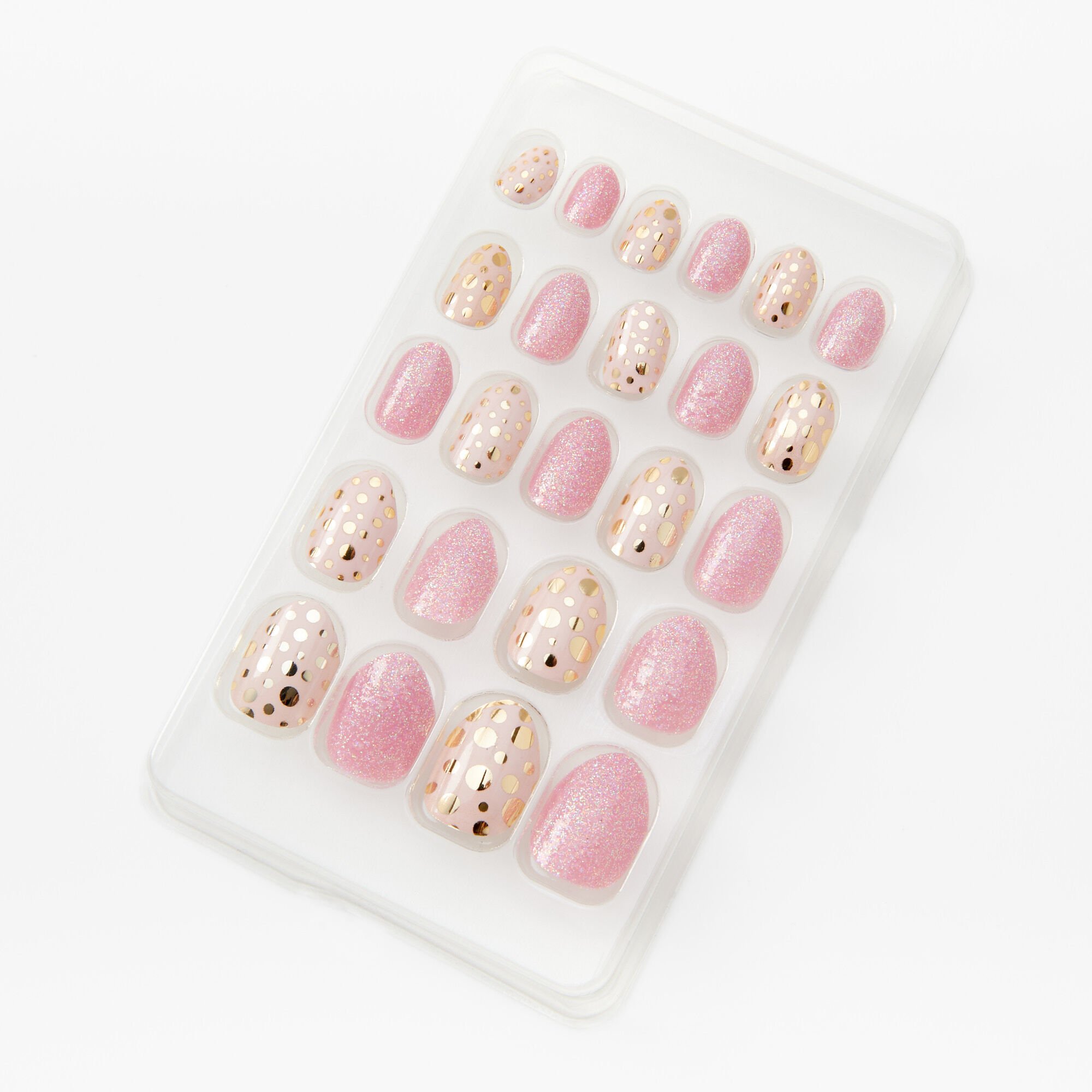 Glitter Pink Polka Dot Round Vegan Press On Faux Nail Set - 24 Pack,