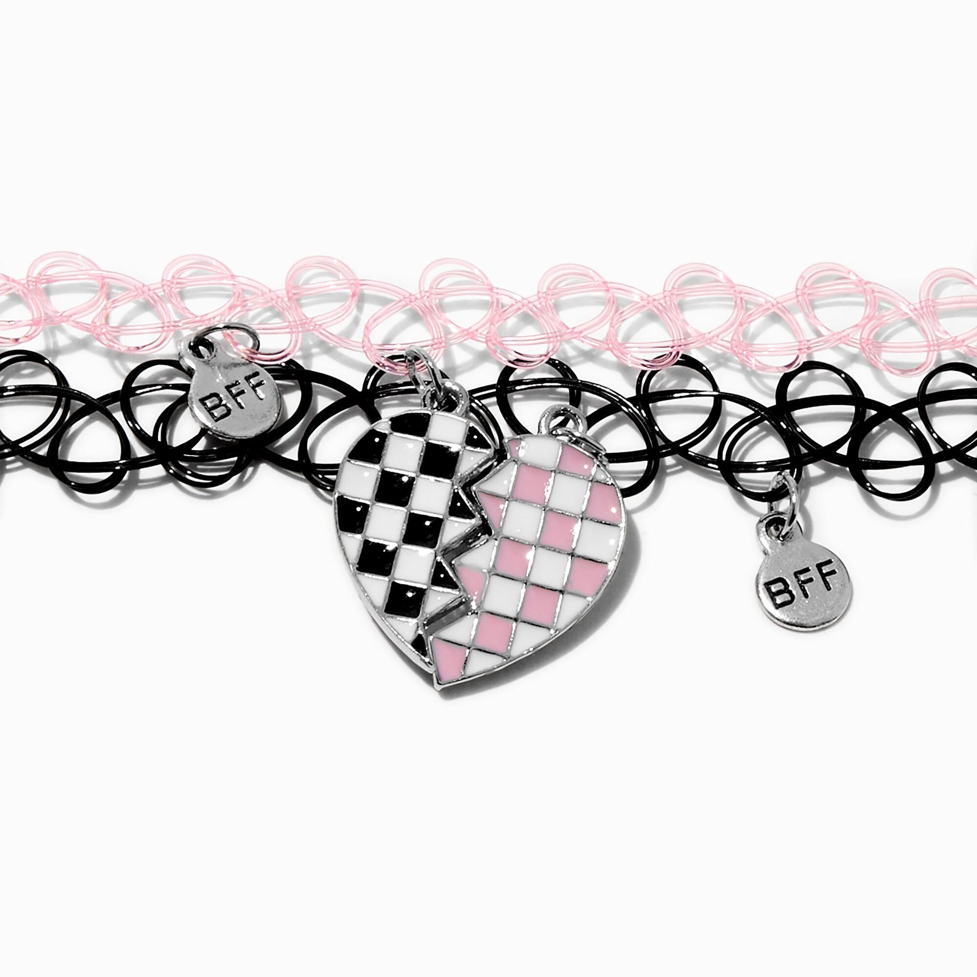 Ras-de-cou effet tatouage cœur fendu rose et noir best friends - Lot de 2,