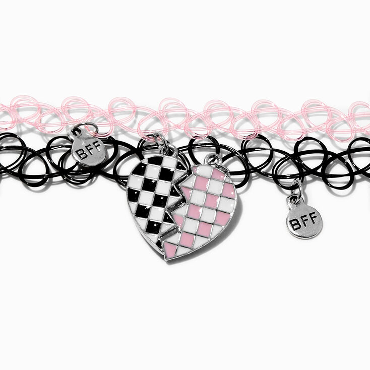 Best Friends Pink &amp; Black Split Heart Tattoo Choker Necklaces - 2 Pack,