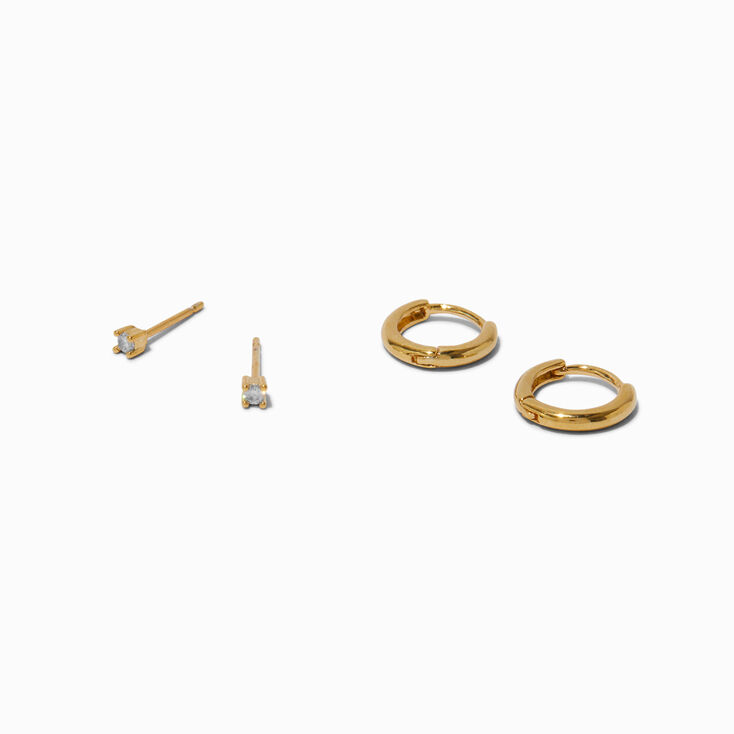 C LUXE by Claire&#39;s 18kt Gold Plated Cubic Zirconia 2mm Stud &amp; 8mm Hoop Earrings - 2 Pack,