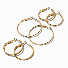 Gold-tone Graduated Textured Hoop Earrings - 3 Pack,