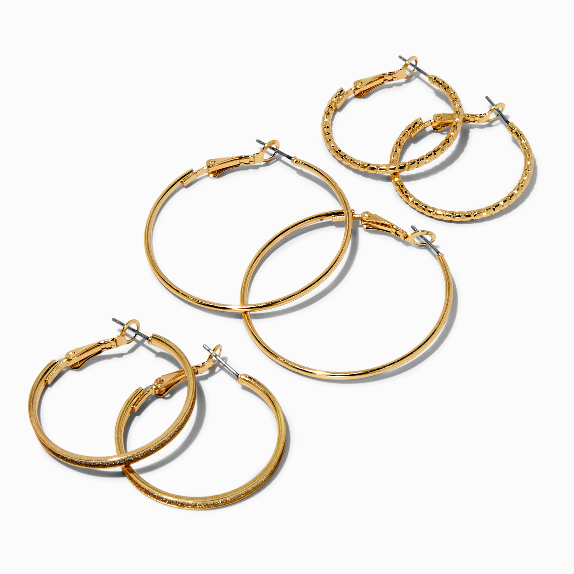 View Claires Tone Graduated Textured Hoop Earrings 3 Pack Gold information