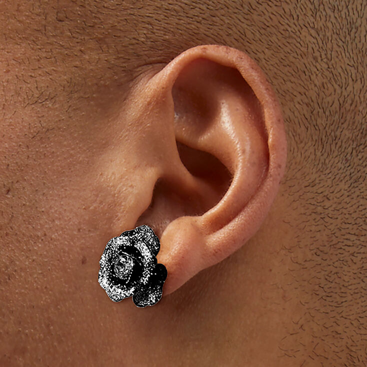 Hematite Glitter Carved Rose Stud Earrings ,