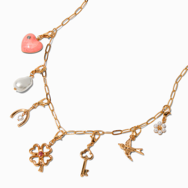 T H E M E x Claire&#39;s Gold-tone Paperclip Chain Lucky Charm Necklace,