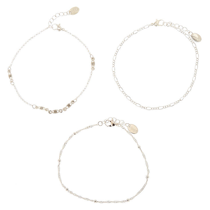 Silver Simple Beaded Chain Anklets - 3 Pack,