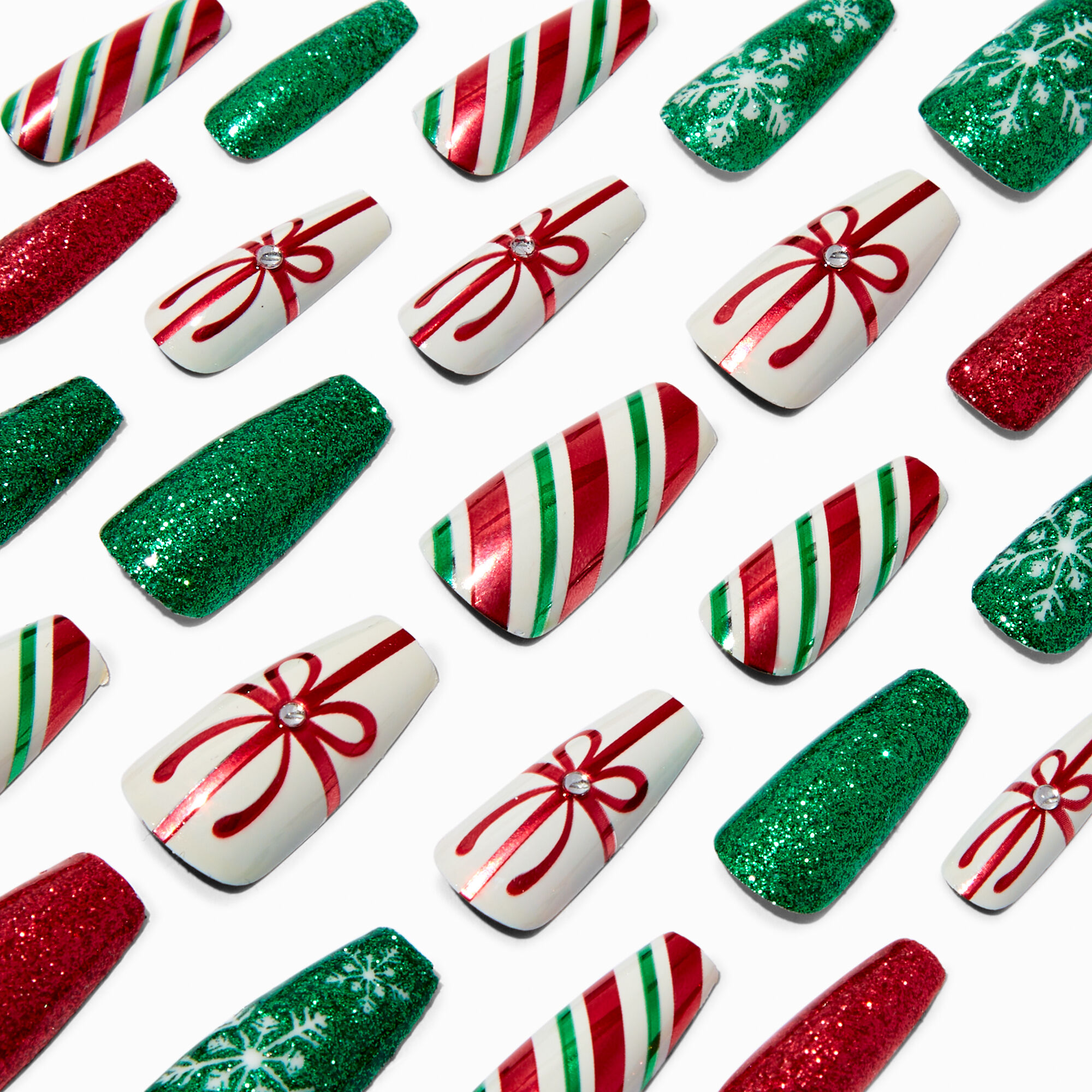 View Claires Holiday Stripes Glitter Squareletto PressOn Faux Nail Set 24 Pack Red information