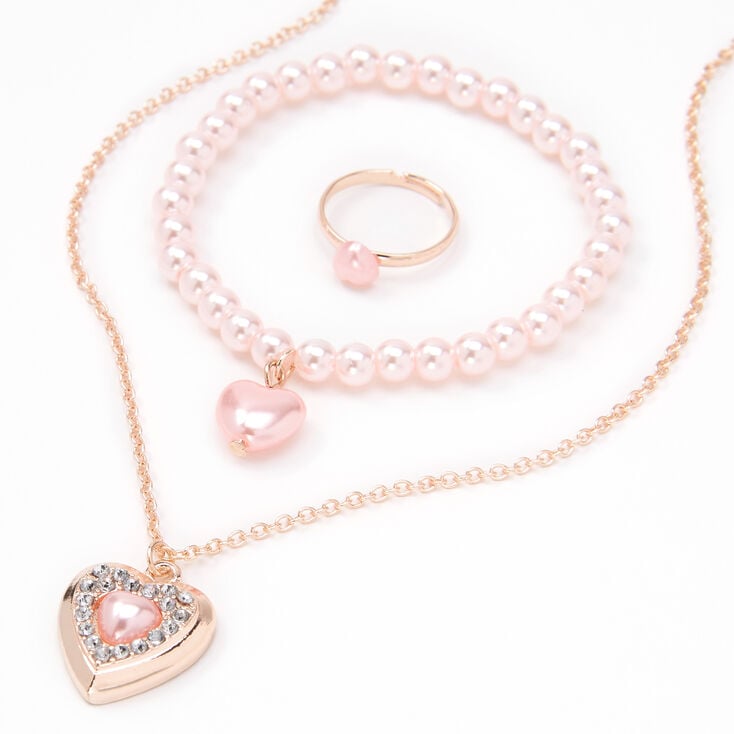 Claire&#39;s Club Rose Gold Pink Pearl Heart Jewelry Set - 3 Pack,