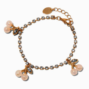 Gold-tone Crystal Cup Chain Pearlized Cherry Charm Bracelet,