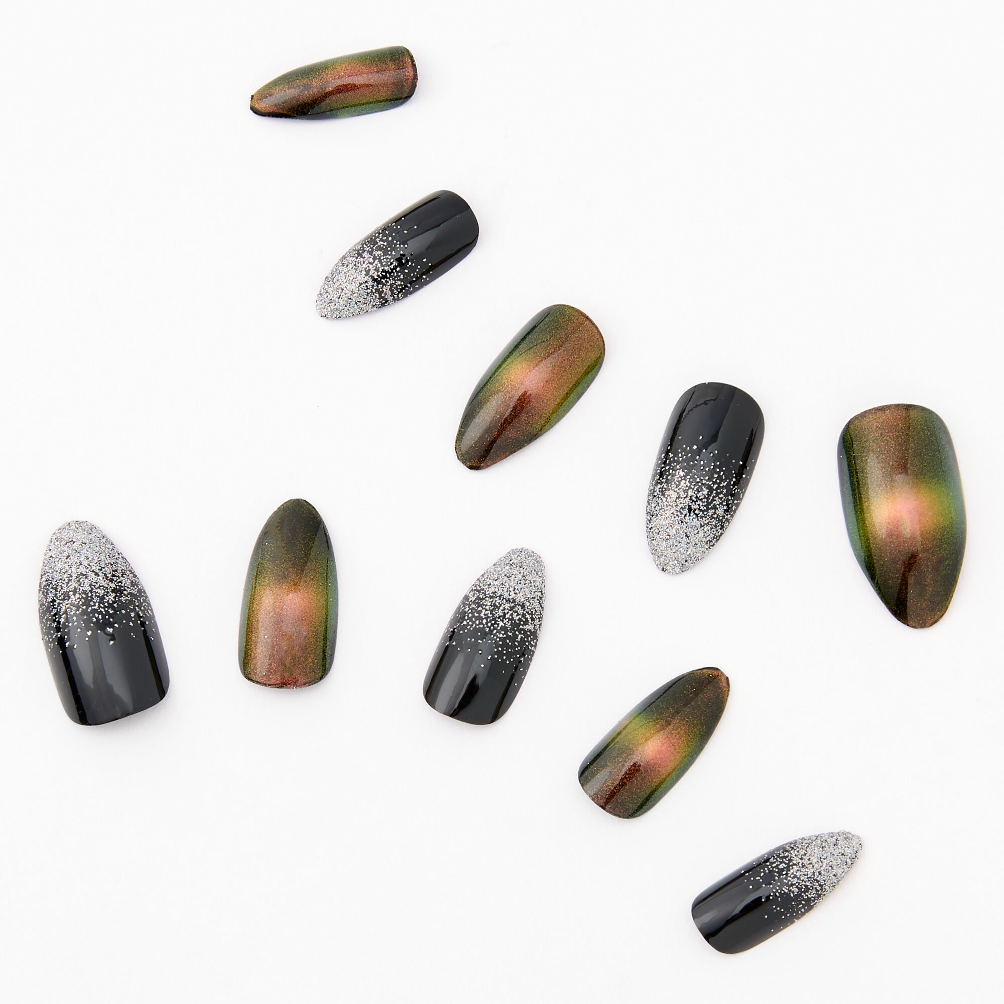 Fall Glitter Ombre Stiletto Faux Nail Set - Black, 24 Pack,