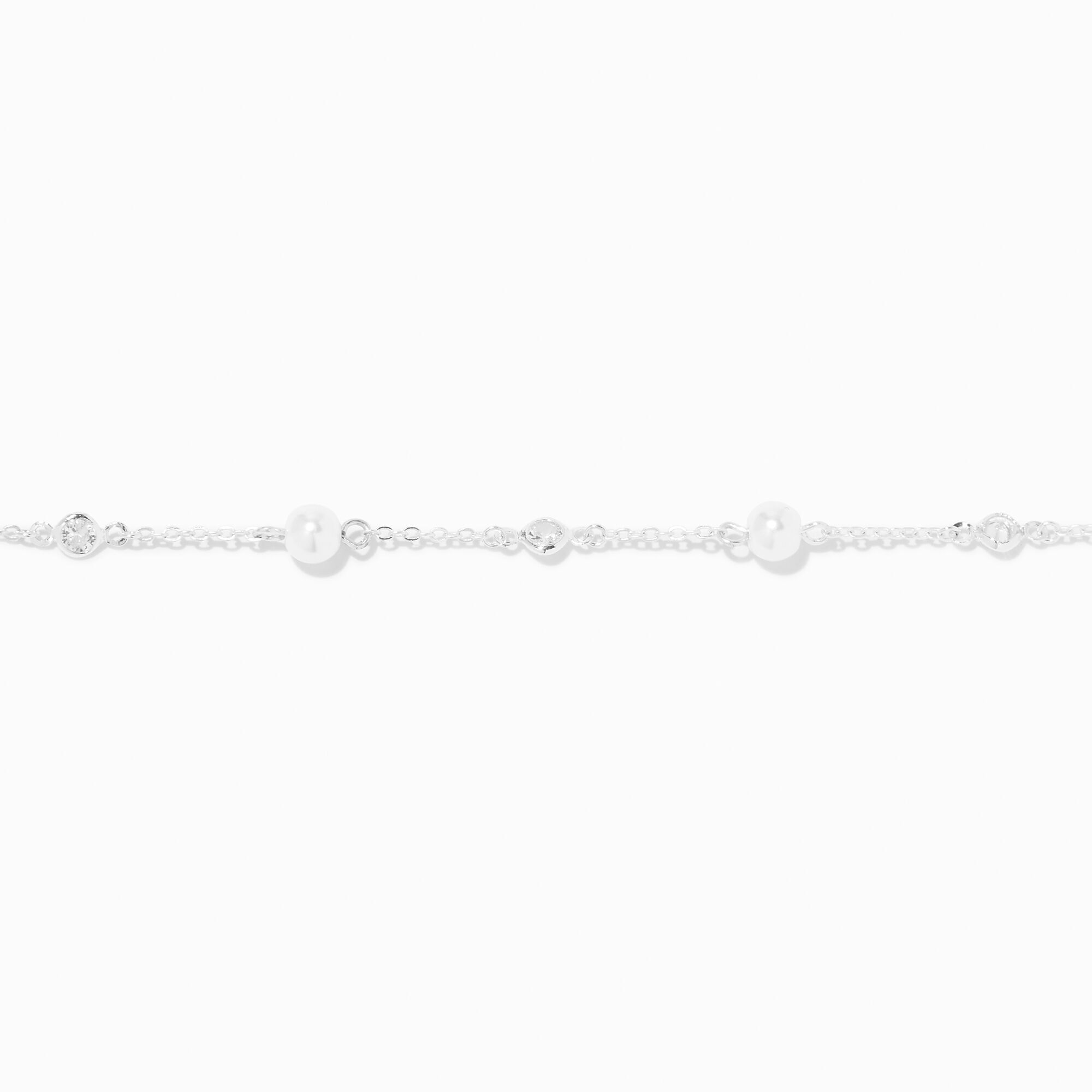 Silver-tone Cubic Zirconia & Pearl Chain Bracelet,