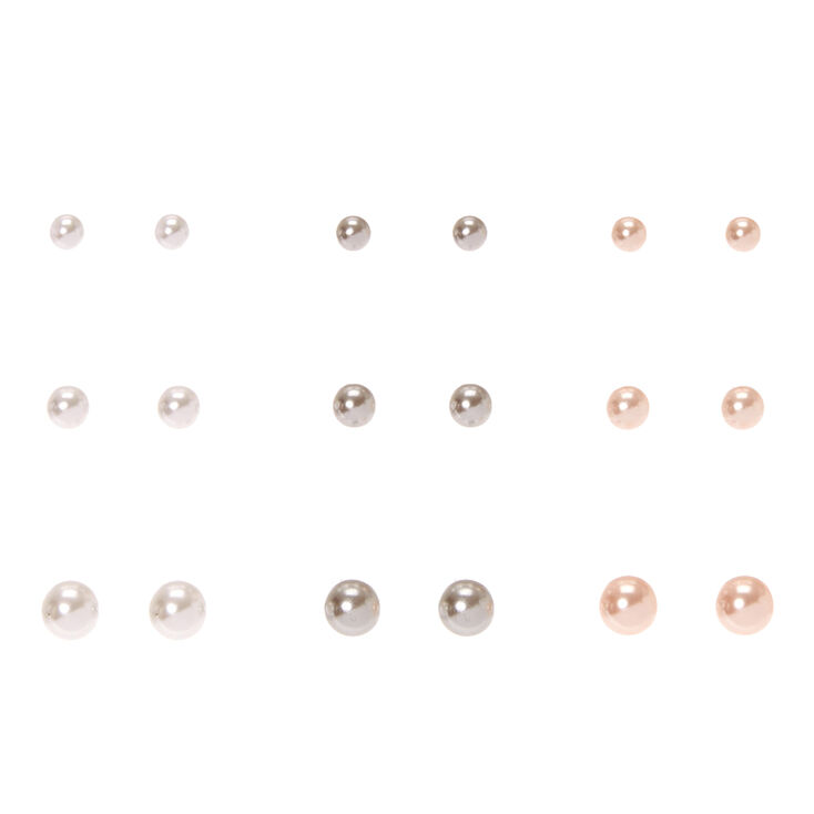 9 Pack White, Grey, &amp; Pink Faux Pearl Graduated Stud Earrings,